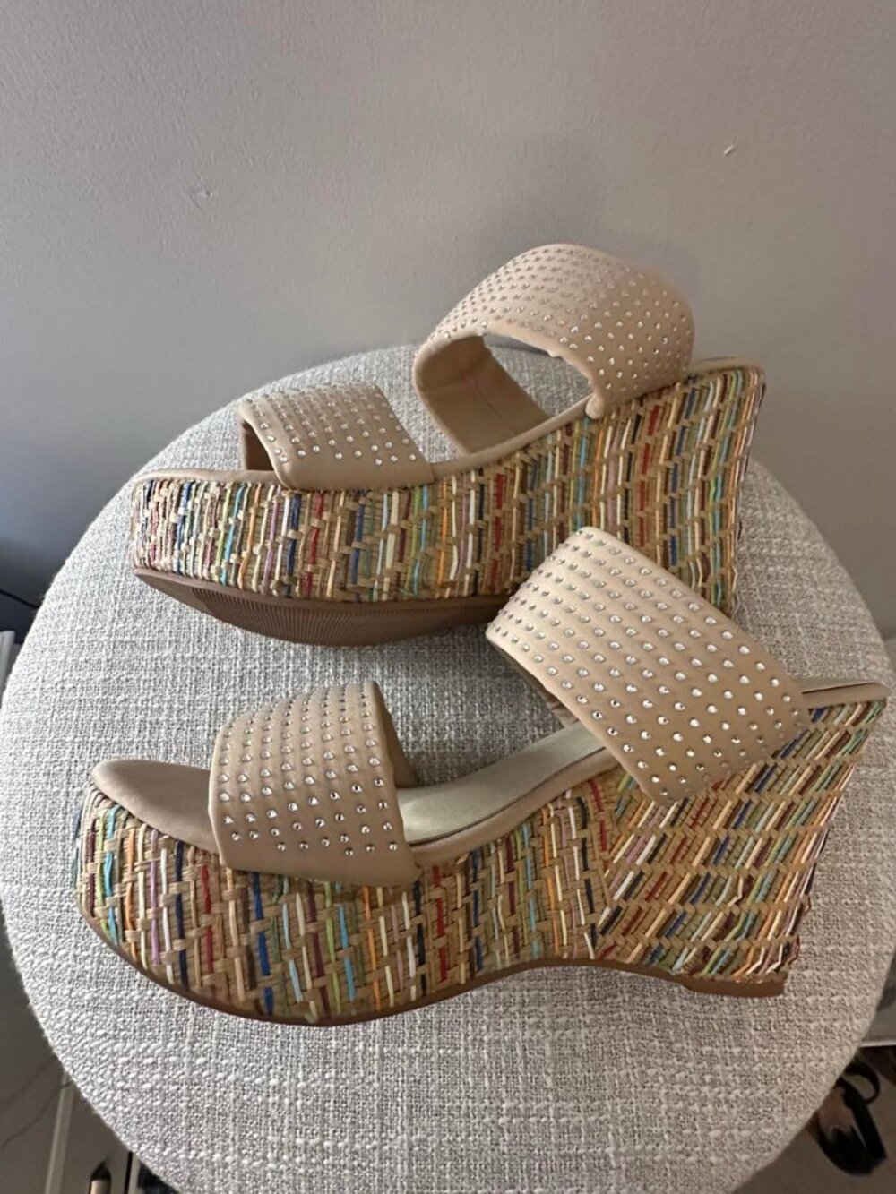 Getmorebeauty Rhinestone Rainbow Platform Wedge Sandals Nude Size 41